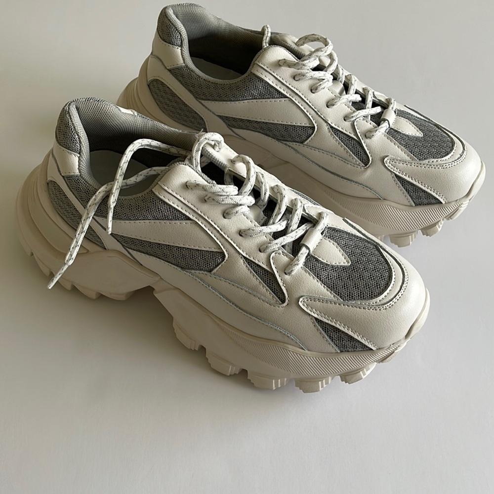 NA-KD curved trekking sole chunky sneakers in white/gray
